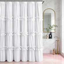 72英寸 x 72英寸优雅白色荷叶边流苏浴帘 - 100%涤纶，可机洗，艺术拼接设计，带金属孔眼，方便安装。适用于浴室浴帘套装、圣诞节/万圣节装饰、家居浴室装饰、秋季装饰、浴室配件、返校季等场合。 - 白色 - 查看 14
