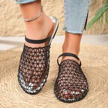 Fashionable Wide Mesh Woven Hollow Roman Sandals, Women's Flat Round Toe New Fisherman Mules - Black - View 9