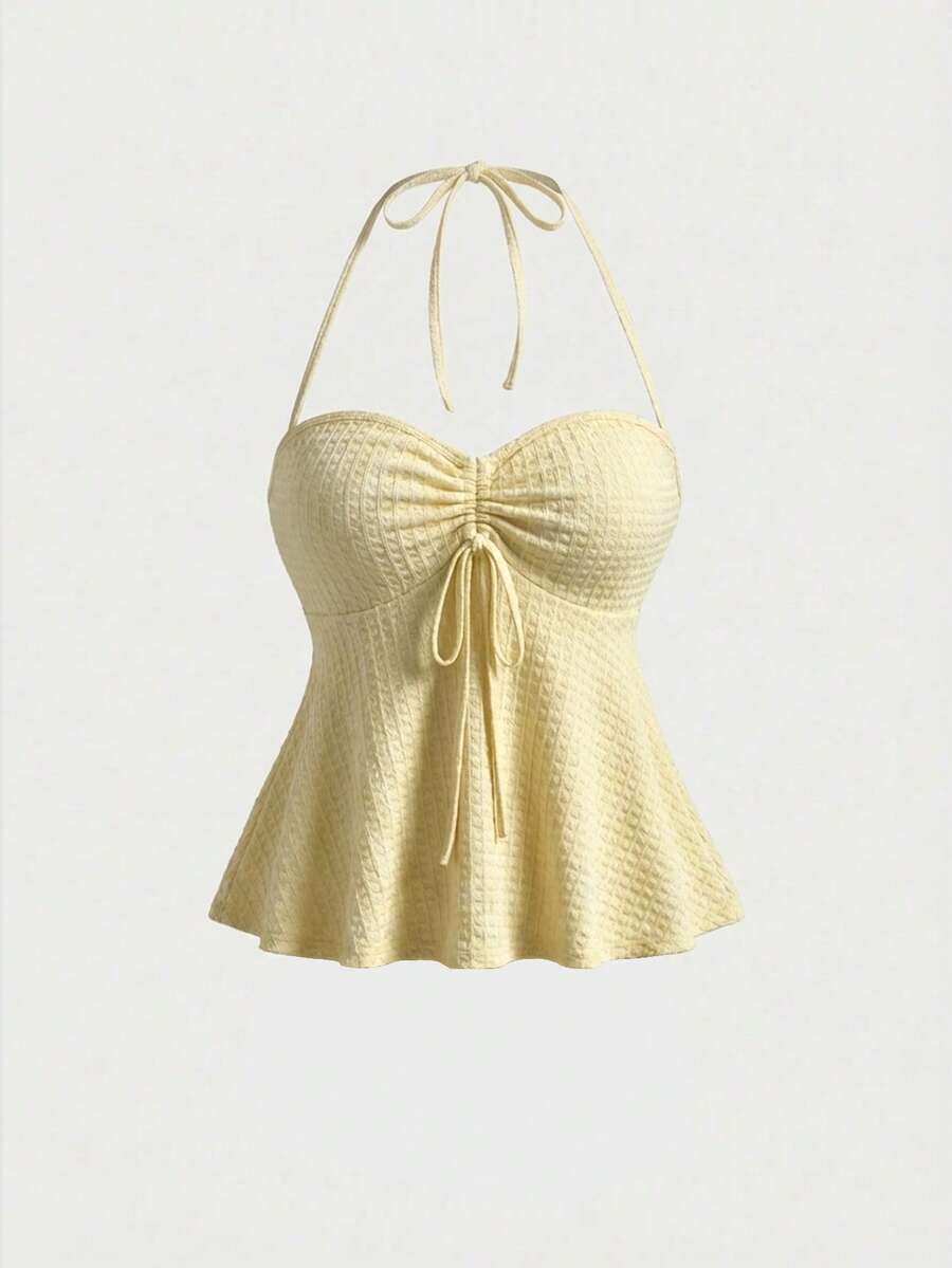 Women's Summer Bohemian Style Yellow Knit Camisole Top - Light Yellow - View 1
