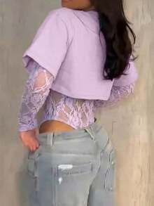 Body entero de encaje transparente para mujer, manga larga tul estampado floral, estilo sensual elegante, ideal para uso diario, citas, fiestas y espectáculos primavera verano - Púrpura malva - Ver 2