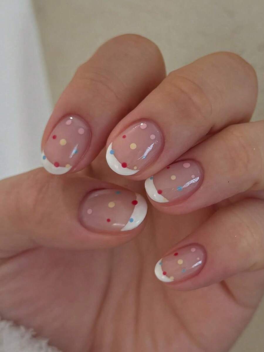 24pcs Colorful Polka Dot Pattern French Manicure Nail Stickers, Short Square Nude Cute Artificial Nails, White French Edge Suitable For All Seasons, Colorful Polka Dot Pattern, Short Artificial Nails, Nail Decor, Reusable, French Artificial Nails, Suitable For Ladies' Daily Commute, Work And Dates, Also Suitable As Gifts For Friends Who Like Sweet Style - Multicolor - View 1
