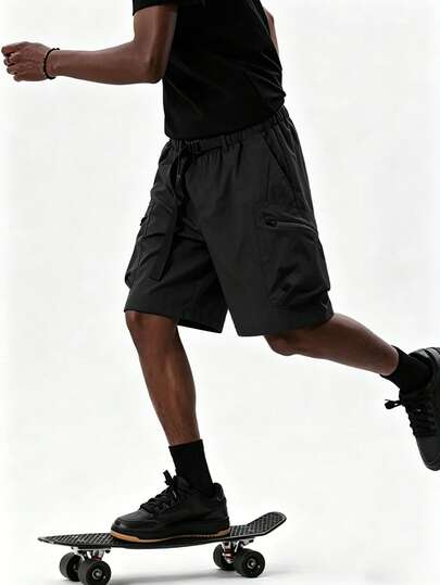 Men's Casual Elastic Waist Shorts, Solid Color Minimalist Design, Suitable For Outdoor, Home Wear And Workwear