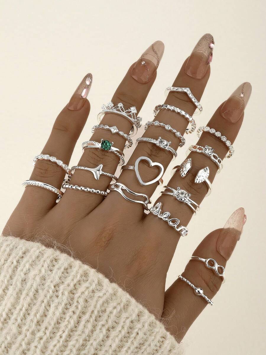 Bộ 20 chiếc nhẫn bạc sáng bóng kiểu Bohemian đơn giản, nhiều họa tiết, bao gồm hình trái tim, chữ cái, cánh, vương miện, đá quý và các yếu tố khác, thích hợp làm quà tặng hàng ngày, theo mùa, đi nghỉ mát, đi biển, dịp lễ. - Nhiều màu - Xem 1