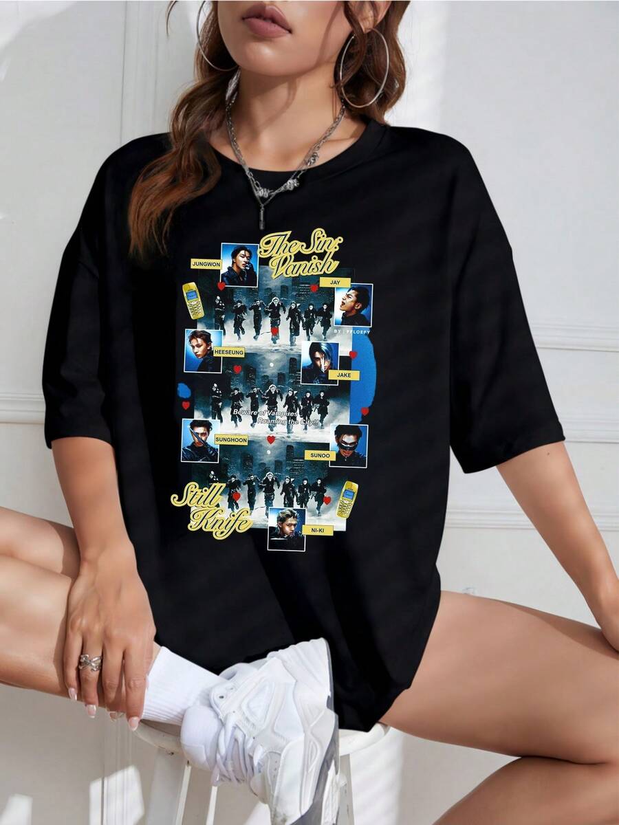 2026 : T-shirt surdimensionné  ENHYPEN The Sin Vanish , impression photo de groupe , t-shirt ample à manches courtes, haut de merchandising pour fans - Fabriqué en pur coton, il est doux et respirant, convient aux hommes et aux femmes. C'est une chemise décontractée adaptée à toutes les saisons et un souvenir tendance. Il convient à un usage quotidien, aux passionnés de mode urbaine et aux mélomanes. - Noir - Voir 1