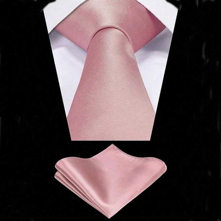 1 Set Men Solid Color 8cm Necktie And Pocket Square Set, Satin Tie And Handkerchief Set, Business Necktie And Pocket Square Men Necktie - Dusty Pink - View 1