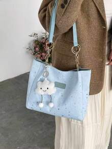 1pc Cloud Decor Star Pattern Polyester Large Capacity Zipper Shoulder Bag, Fashionable Daily Use For Women - Blue - View 5