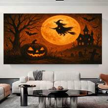 Impresión de lienzo de Halloween vintage - Bruja en escoba, calabaza y murciélagos - Decoración de hogar espeluznante, Arte de lienzo de pared de Halloween - Bruja voladora sobre luna llena, Casa embrujada y calabacín, Arte de pared de Halloween aterrador - Silueta de bruja, Escena de cementerio y calabaza - Decoración de lienzo gótico - Enmarcado - Ver 3