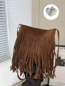 This Retro Bohemian-Style Square Bag Features A Unique And Fashionable Design With Tassel Embellishments, Making It An Ideal Choice For Autumn And Winter. Casual And Simple, It Can Be Worn Over The Shoulder Or Crossbody, Making It Versatile And Practical For Various Occasions Such As Outings, Travel, And Parties. (Includes A Heart-Shaped Charm) - Tassel Messenger Bag + Pendant - View 16