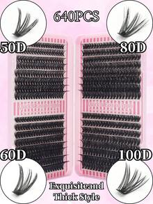 640pcs 50D+60D+80D+100D Cat Eye Lash Book, European And American Thick Lash Style, D Curl, 9-16mm Mixed Length, Soft And Lightweight Texture, Quick DIY To Save Makeup Time, Suitable For Beginners, Everyday, Party, Gift For Girlfriend/Best Friend, Reusable - D - View 4