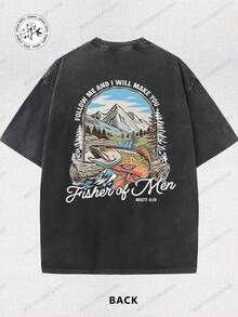 Matthew's Gospel, Fishing, Fisherman, Religion, 230g Double-Sided Printed Batik Vintage Washed T-Shirt, 100% Cotton, Comfortable For Summer Wear, Simple And Casual, Men's Cool Short-Sleeve T-Shirt - 黑色 - 查看 4