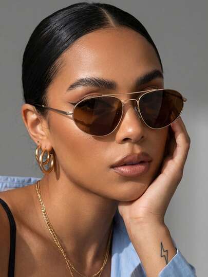 1 Pair Women's Gold Metal Aviator Frame Retro American Vintage Cycling Fashion Glasses, Fashionable Street Style