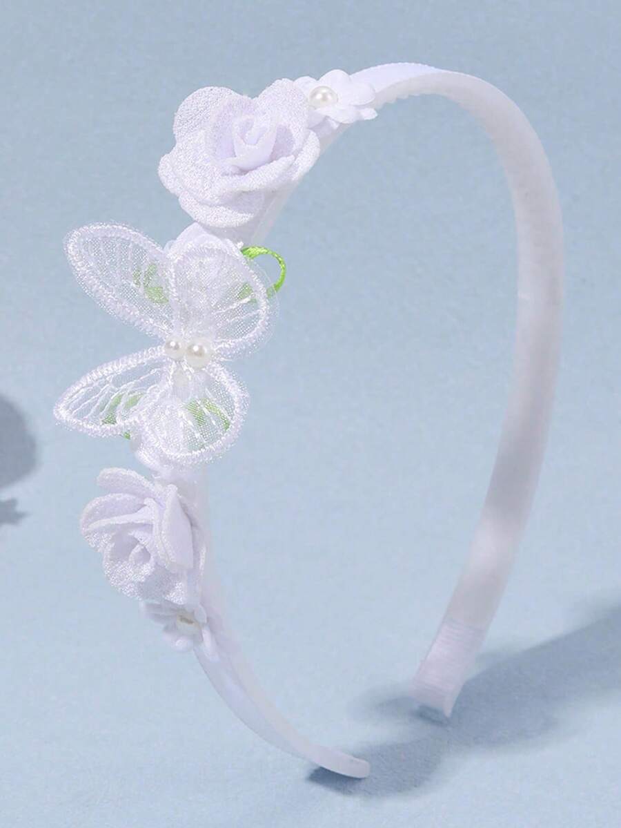 1个白色蝴蝶结发箍,玫瑰花和网纱蝴蝶装饰发夹,女孩和青少年发饰,适合日常佩戴 - 白色 - 查看 1