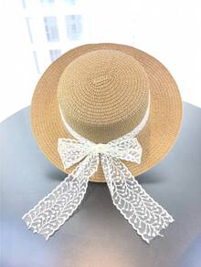女士草帽夏季时尚沙滩渔夫帽宽檐蕾丝假日沙滩遮阳帽，度假 - A - 查看 12