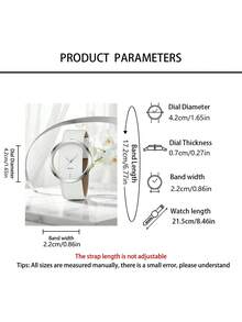 两件套礼盒：简约温柔风格女士石英腕表（银白色表圈，白色皮表带）和珍珠水钻开口手镯。腕表采用超薄超大简约表盘，饰以精致的竖条纹纹理，与白色皮表带和仿珍珠水钻手镯完美搭配。 - 白色 - 查看 6