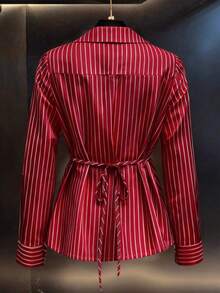 女士春秋新款法式V领系腰休闲长袖衬衫 红色 - 紅色 - 查看 2
