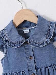Girls' Denim Collar Ruffle Sleeve Button Down Dress, Baby GirlCute Dual Bow Pocket Decor Denim Skirt - Medium Wash - View 2