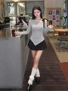 女士灰色波点蝴蝶结露肩长袖T恤 - 灰色 - 查看 7