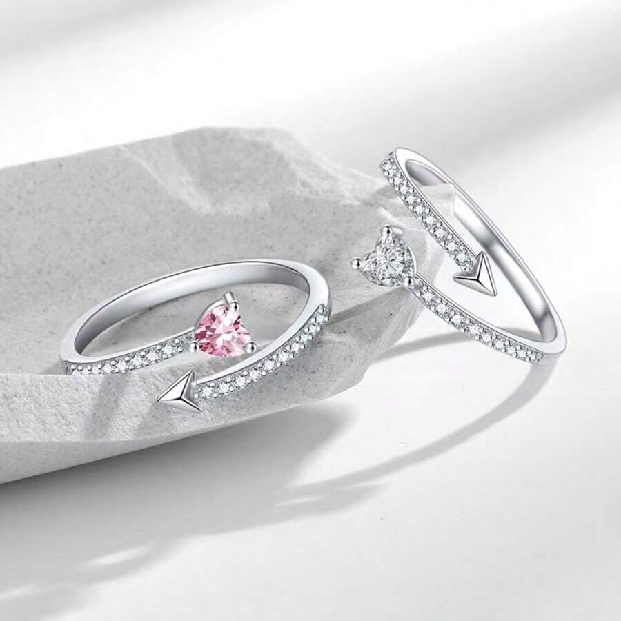 1 Chiếc nhẫn đôi bằng bạc Sterling mới, kiểu dáng thời trang, đính đá Zirconia hình trái tim, phong cách Ins Niche, sang trọng, cao cấp.
