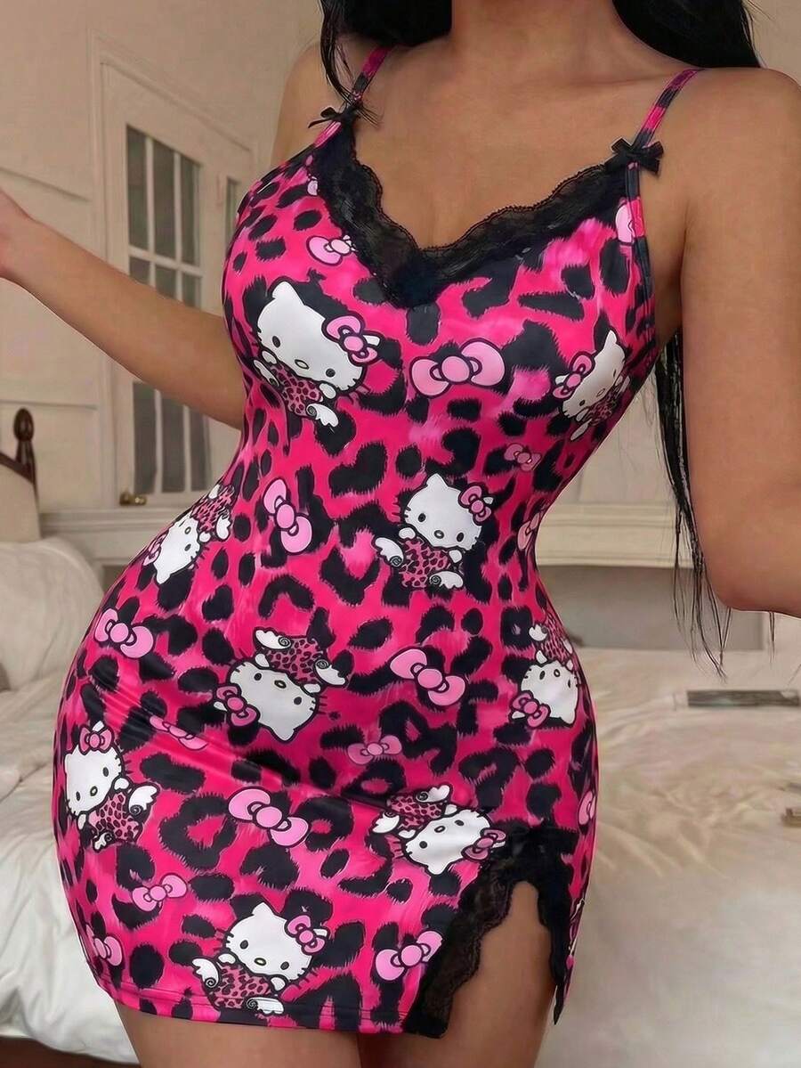 SANRIO 1件Hello Kitty蕾丝拼接侧开衩休闲可爱舒适简约设计连衣裙（女款） - 玫紅色 - 查看 1