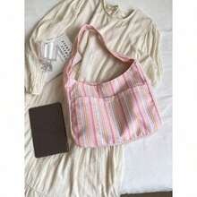 Large Capacity Women Cloth Tote Bag, Shoulder Bag, Casual Stripe Fabric Handbag , Pink , Beach - 藍色 - 查看 8