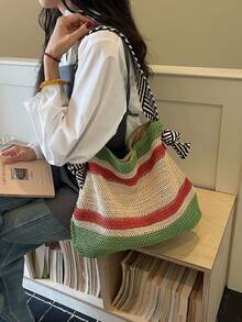 Black & White Zebra Stripe Shoulder Strap Woven Bag, Relaxed Vibe Vacation Beach Casual Shoulder Bag, Versatile Everyday Commute Shopping Tote, Woven Bag For Beach Trip, Student - Green - View 11