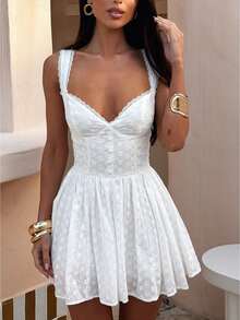 Women's Eyelet Embroidery Bustier Dress Sweetheart Neck Button Front A Line Mini Dress - White - View 1