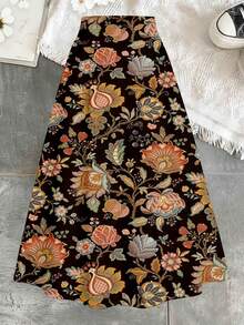 Floral Embroidery Pattern Skirt With Vintage Design For Autumn And Winter Wear Suitable For Women As A Gift For Mother Or Friend - Black - View 1
