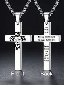 suteyi 力量与信仰的馈赠，男士十字架项链，采用醒目的狮头十字架设计，镌刻励志信息，双面镌刻。 - 銀色 - 查看 6
