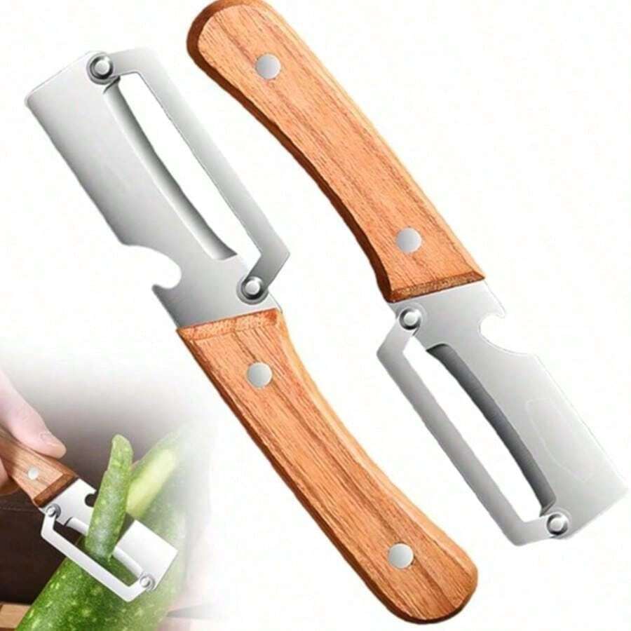 2PCS Multi Functional Premium Vegetable Peeler With Wooden Handle And Bottle Opener,Stainless Steel Blade Kitchen Fruit Potato Pumpkin Papaya Carrot - 1 - Xem 1
