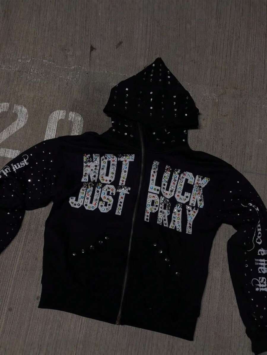 Women'S Hoodie Featuring A Casual Letter Print And A Vibrant Rhinestone Design, Perfect For Street Style. This Retro Zip-Up, Oversized Sweatshirt Has A Sparkly And Distressed Look, Embodying The Y2K Aesthetic - 黑色 - 查看 1