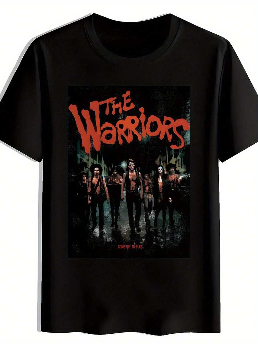 Fashion, All Match Men's "Warrior" Pattern Urban Black T-Shirt - Vintage 70s/80s Style, Distressed Design, Eye-Catching Red Text, Perfect Casual Wear For Movie Lovers, Great Gift For Friends And Family, Summer, Tops, T-Shirt, Cardigan, , Summer Top, Standard Fit, All Season Wear - 黑色 - 查看 1