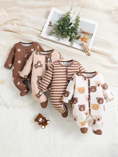 4 piezas Pijama de una sola pieza con estampado de oso lindo y sencillo para recién nacidos, conjunto de mono de manga larga y pantalones, adecuado para niños y niñas