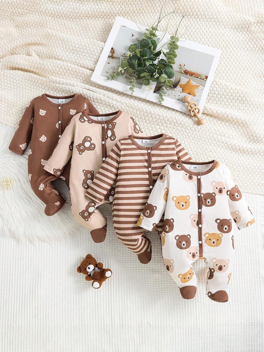 4 Peças Pijama Macacão com Estampa de Urso Fofo e Simples para Recém-Nascidos, Conjunto de Macacão de Manga Longa, Adequado para Bebês Meninos e Meninas