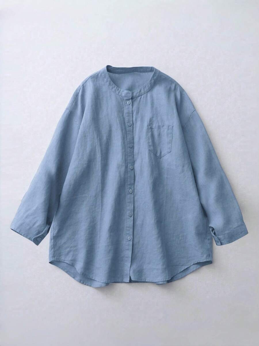 Blusa de lino para mujer, adecuada para primavera, verano, otoño e invierno, tela sin estiramiento, camisa minimalista de manga larga, cuello redondo y abotonada, cómoda y casual. Para un ajuste holgado, elija una talla talla grande grande que su talla normal, para un ajuste ceñido, elija su talla habitual. - Azul - Ver 1