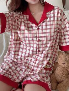 Bộ đồ ngủ nữ 2 món, kiểu dáng mới mùa xuân/hè, mềm mại và thoáng khí, tay ngắn, dáng rộng, họa tiết kẻ caro, màu đỏ. - Đỏ - Xem 3