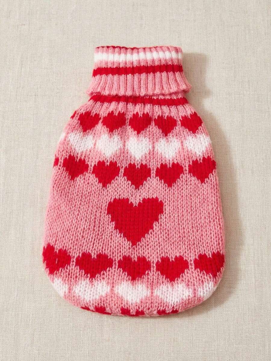PETSIN 1pc Red And White Love Printed Pet Sweater Small And Medium Sized Dog Valentine's Day Pink Warm Knitted Sweater Pet Clothes - Pink - View 1