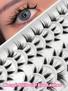 Asiteo 10 Pairs Cat Eye Manga Style False Eyelashes Cartoon Effect Eyelashes With Transparent Stem Animation Korea Japan Version Makeup Look Of False Eyelashes - Black - View 5