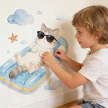 Cartoon Swimming Pool Kitty Wall Stickers, Beach Holiday Decals, Suitable For Children's Room, Bedroom, Kindergarten, Living Room Decor, Ideal For Wall Decoration And Party Background - Multicolor - View 8