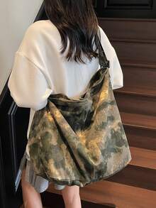 大容量水洗复古迷彩帆布单肩包，简约休闲百搭拉链斜挎包，适合日常使用、上学、短途旅行、街头风格，可折叠拼接慵懒户外露营信使包 - 軍綠色 - 查看 6