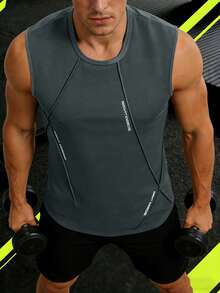 Camiseta de tirantes casual y versátil con diseño impreso minimalista de cuello redondo, ropa deportiva de unicolor simple y elegante para hacer ejercicio - Gris Oscuro - Ver 1