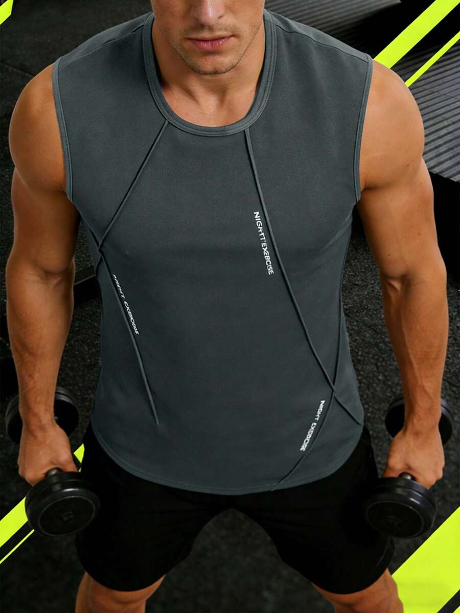 Camiseta de tirantes casual y versátil con diseño impreso minimalista de cuello redondo, ropa deportiva de unicolor simple y elegante para hacer ejercicio - Gris Oscuro - Ver 1