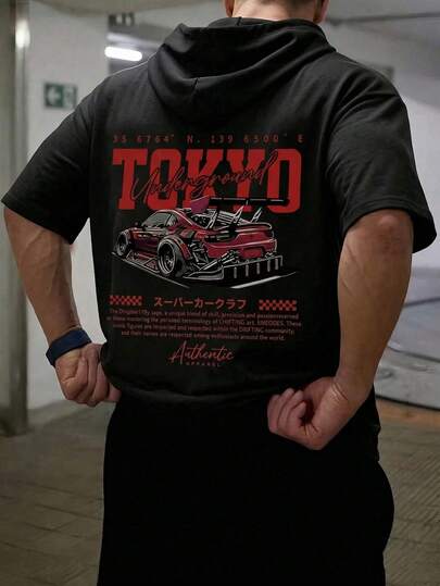 Áo thun nam mùa hè có mũ, kiểu dáng đường phố JDM Car Graffiti.