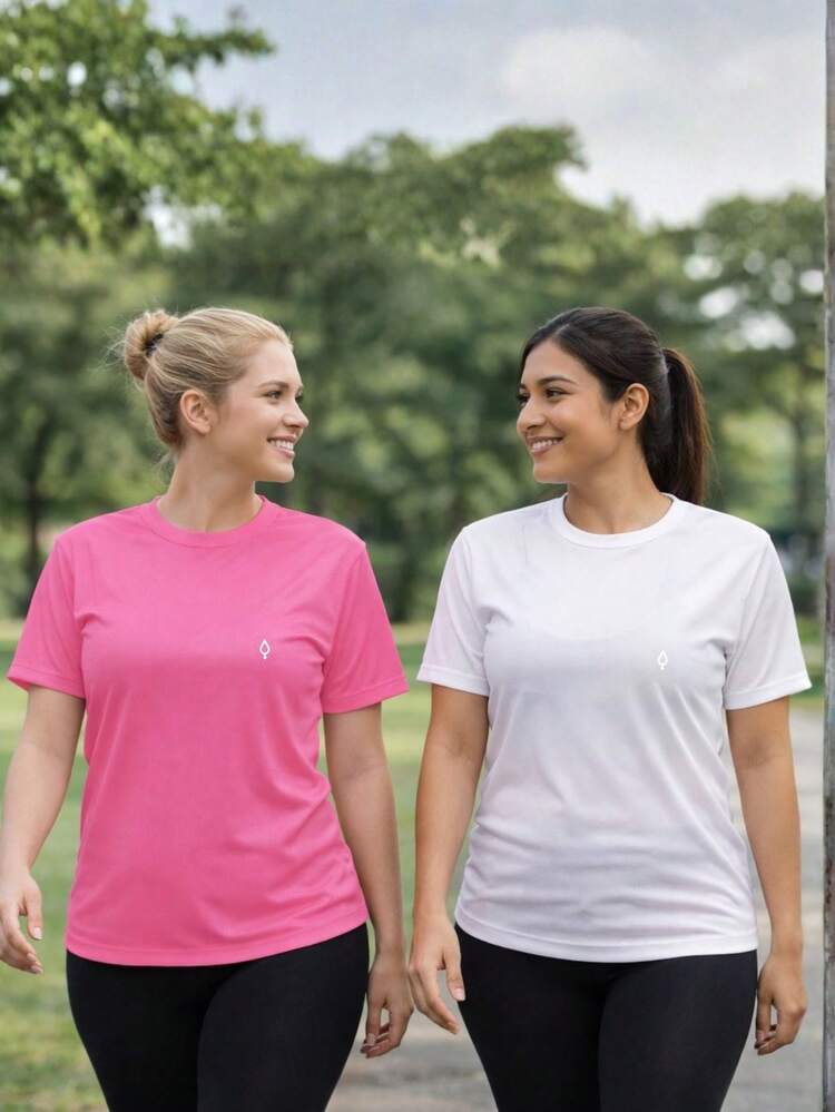 Kit Of 2 Women's Dry Short Sleeve T-Shirts For Basic Gym Workout - 白色/粉紅色 - 查看 1