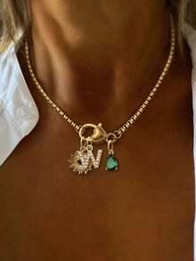 1pc Luxury Heart-Shaped 26 Full Diamond Letter Pendant Necklace, Stainless Steel Chain With Devil's Eye Pendant, Elegant Gift For Women Party - Yellow Gold - View 19