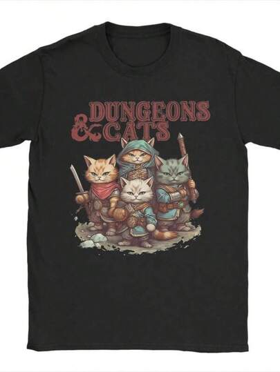 Dungeon And Cats T Shirt Men Cotton Tops Retro Dungeon Dragon  Round Neck Short Sleeve. Men Shirts  Patterned Men's Pure Cotton T-Shirt, 180 Grams, Casual Everyday Wear, Short Sleeves, Crew Neck.