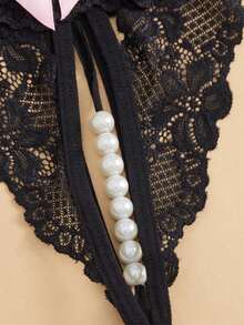 A Pair Of Pearl-Embellished, Open-Crotch Sexy Thongs With A Kawaii Bow And Lace Detailing, Perfect For Valentine's Day. - Black - View 4