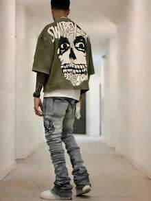 Y2KStyleDirectionalPrintingCottonT-ShirtSoftBreathablePureCottonFabricComfortableAndEnergeticSummerStreetStyleShortSleevedTShirgnRetroSummerWearTShirt - 軍綠色 - 查看 6