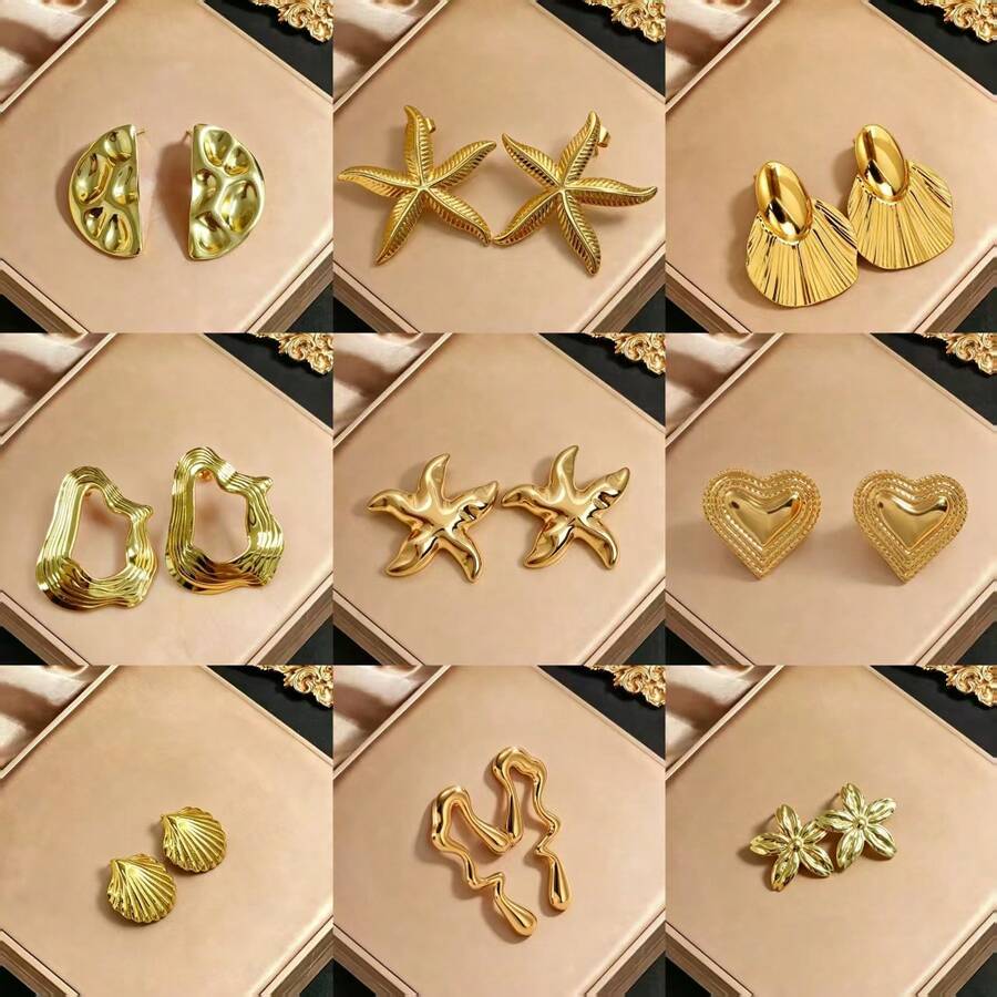 波西米亚风不锈钢镀金海星耳环,超大花朵吊坠耳环,防水镀金首饰,适合夏季海滩度假 - 金色 - 查看 1