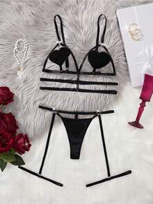 Nuevo conjunto de lencería sexy de unicolor con corazón hueco para mujeres, sujetador ajustable y liguero con tanga, adecuado para fiestas - Negro - Ver 7