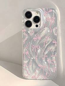1pc Pink Bow Polka Dot Hollow Feather Mesh Soft Phone Case Suitable For IPhone 11/12/13/14/15/16 Pro Max - Multicolor - View 2
